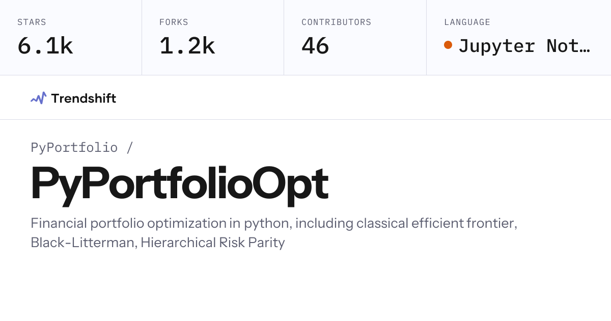 PyPortfolio/PyPortfolioOpt — GitHub trending stats & insights | Trendshift
