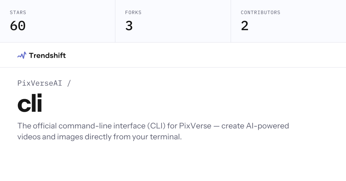 PixVerseAI/cli — GitHub trending stats & insights | Trendshift