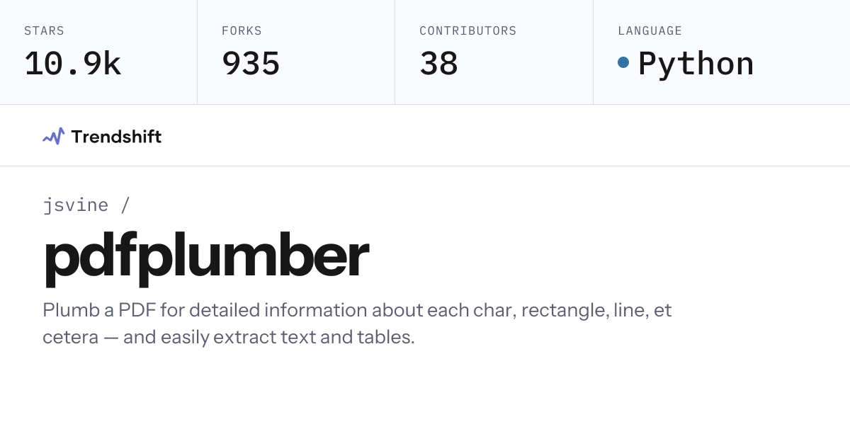 jsvine/pdfplumber — GitHub trending stats & insights | Trendshift