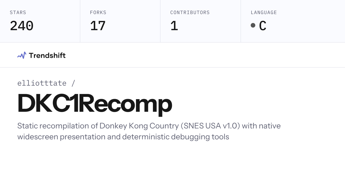 elliotttate/DKC1Recomp — GitHub trending stats & insights | Trendshift