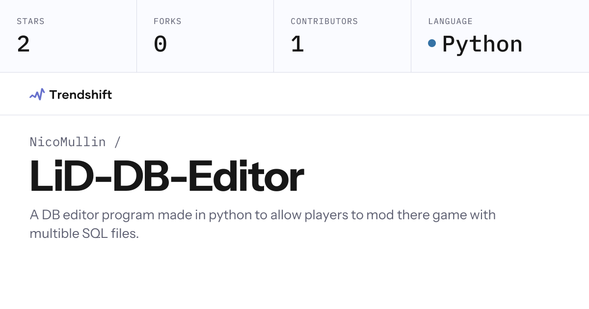 NicoMullin/LiD-DB-Editor — GitHub trending stats & insights | Trendshift