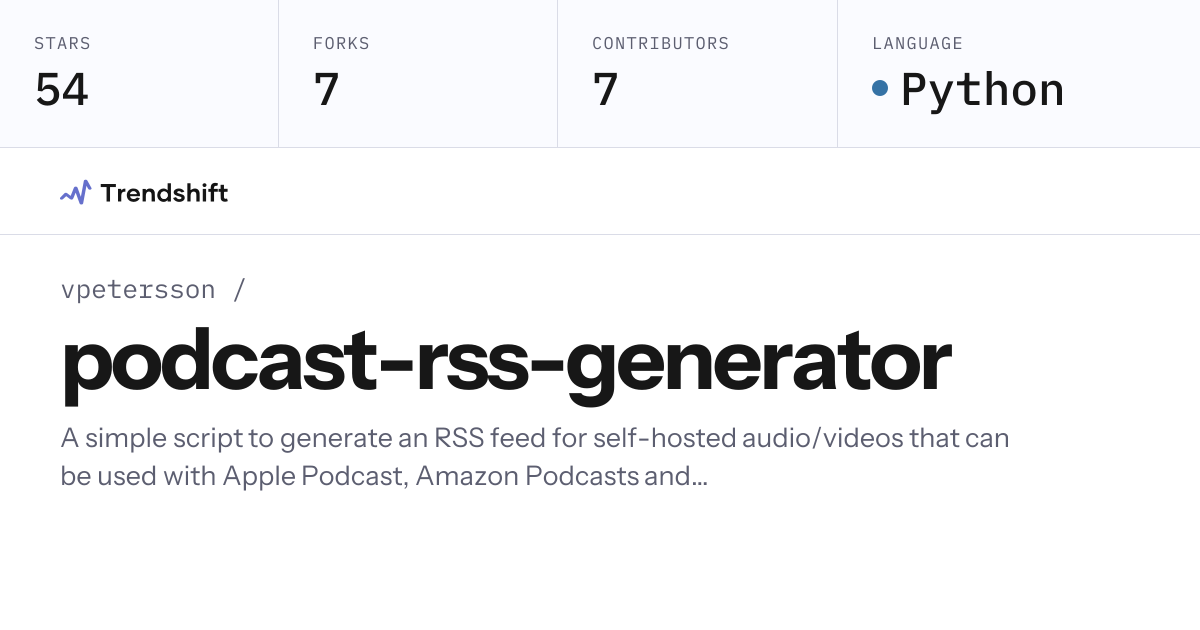 vpetersson/podcast-rss-generator — GitHub trending stats & insights ...