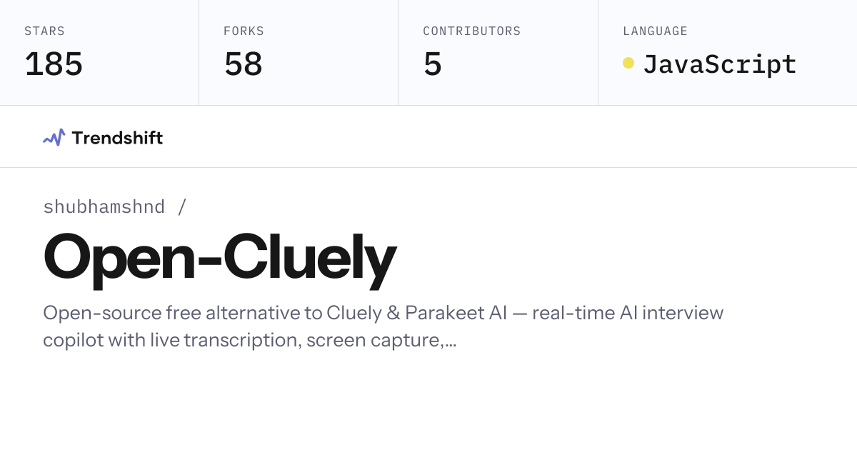 shubhamshnd/Open-Cluely — GitHub trending stats & insights | Trendshift