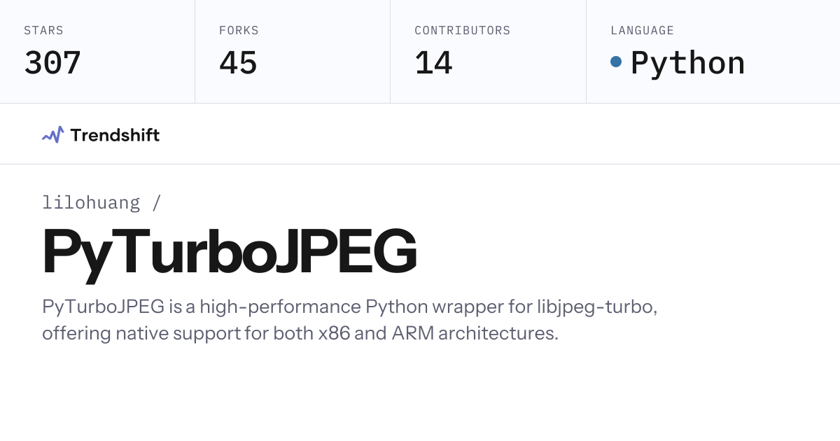 lilohuang/PyTurboJPEG — GitHub trending stats & insights | Trendshift